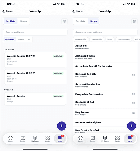 Worship setlist and performance mode